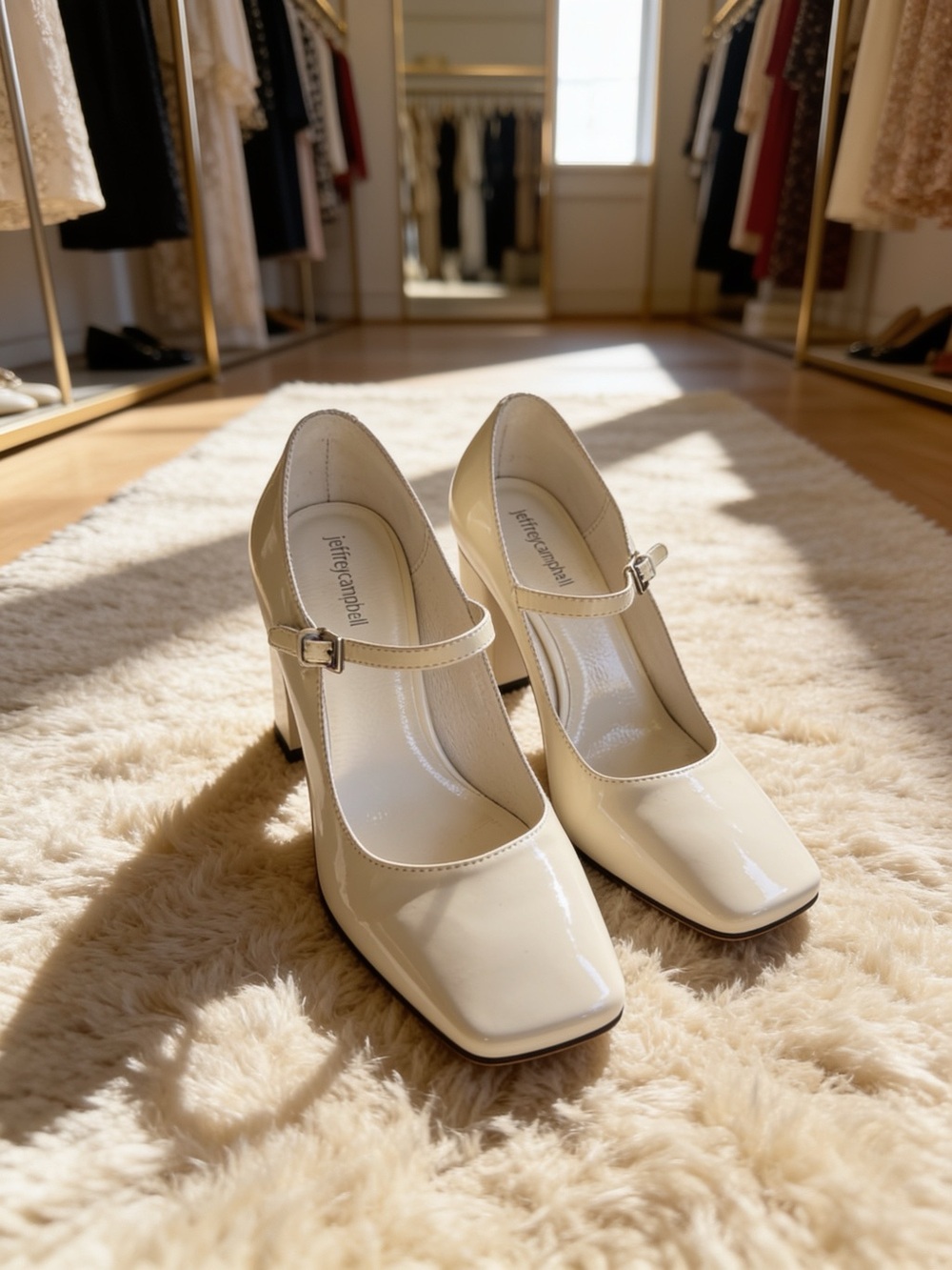 Jeffery Campbell Women's Cream Patent Mary Jane Block Heel Pumps. Heel size 3”